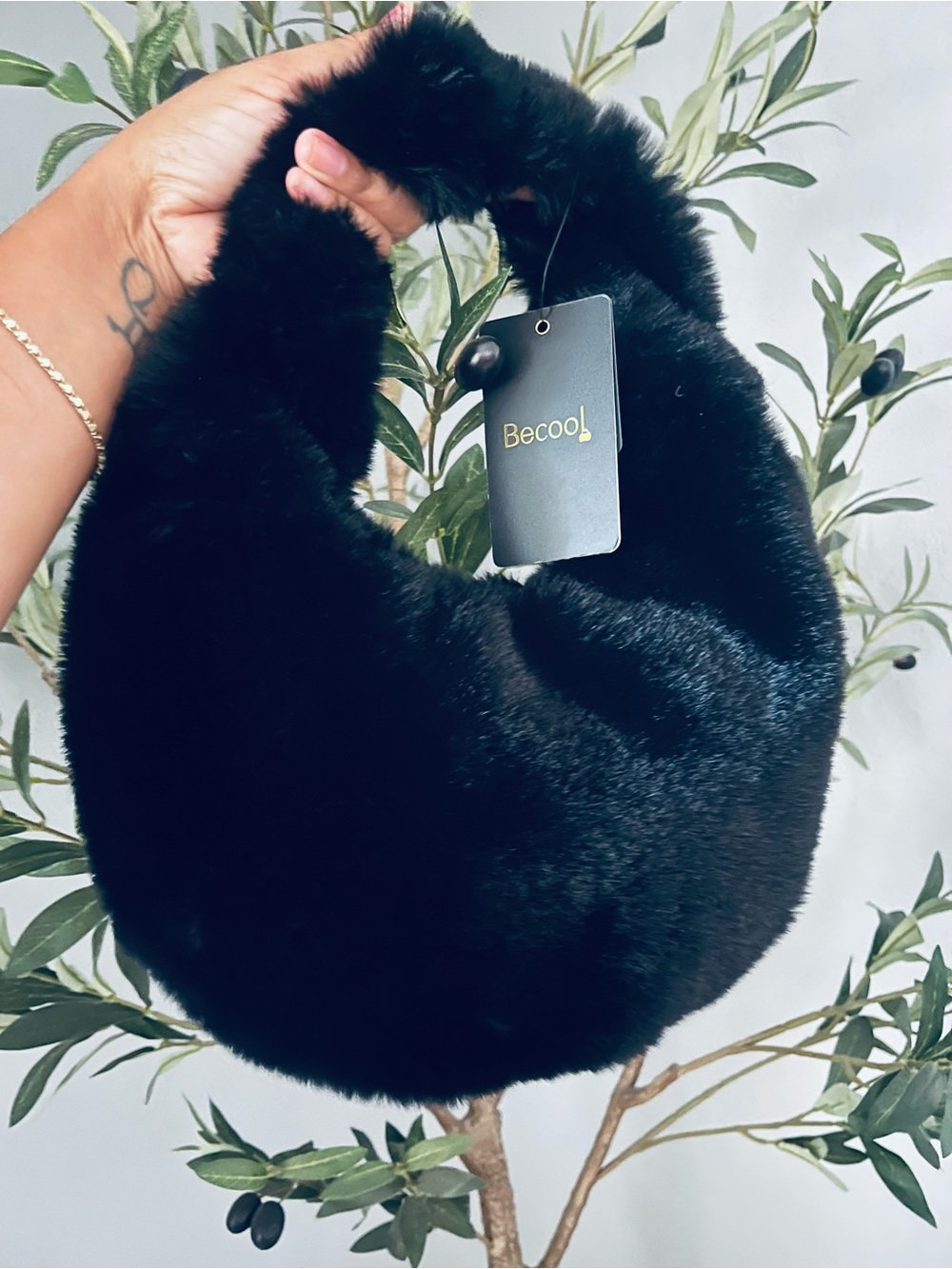 BE COOL Black Plush Faux Fur Hobo Bag
